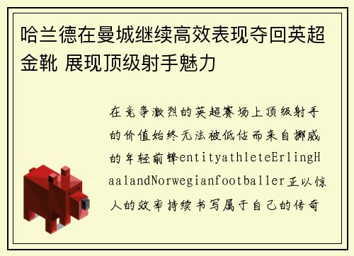 哈兰德在曼城继续高效表现夺回英超金靴 展现顶级射手魅力