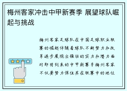 梅州客家冲击中甲新赛季 展望球队崛起与挑战