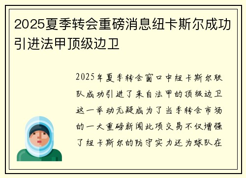 2025夏季转会重磅消息纽卡斯尔成功引进法甲顶级边卫